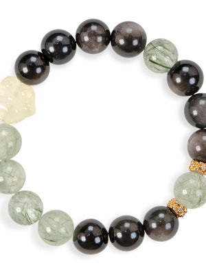 SENLLY Shadow Grove - Beaded Stretch Bracelet with Natural Gold Obsidian, Green Rutilated Quartz & Citrine, Handcrafted Natural Stone Jewelry for Protection, Clarity & Balance