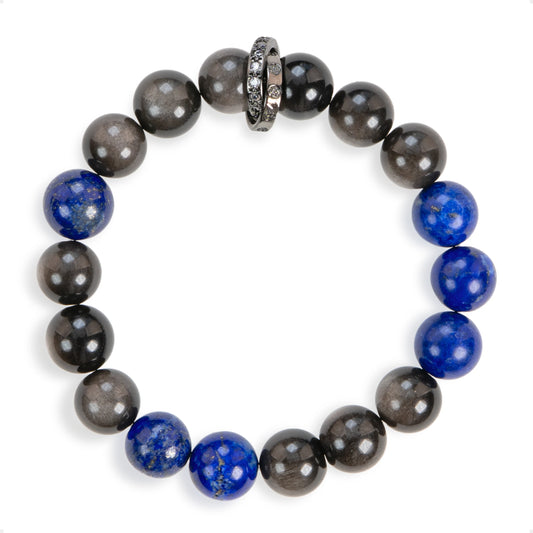 SENLLY Midnight Crest - Beaded Stretch Bracelet with Silver Obsidian & Lapis Lazuli, Handcrafted Natural Stone Jewelry for Clarity, Balance & Confidence