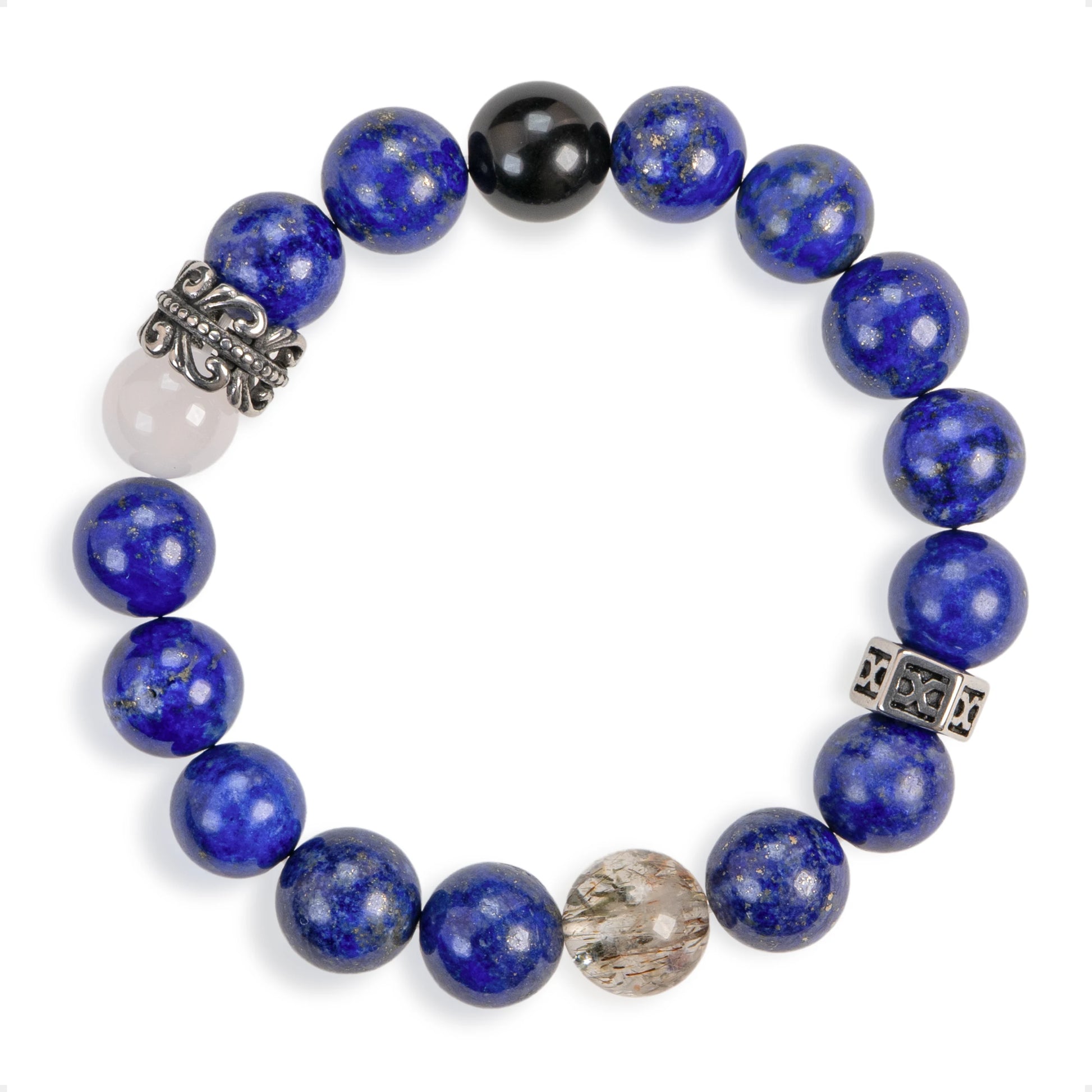 SENLLY Midnight Crest - Beaded Stretch Bracelet with Natural Lapis Lazuli, White Agate & Black Gold Super Seven, Handcrafted Natural Stone Jewelry for Strength, Balance & Modern Style