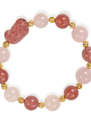 SENLLY Rose Promise - Beaded Stretch Bracelet with Natural Strawberry Quartz, Rose Quartz & Pixiu Carving, Handcrafted Natural Stone Jewelry for Love, Clarity & Emotional Harmony