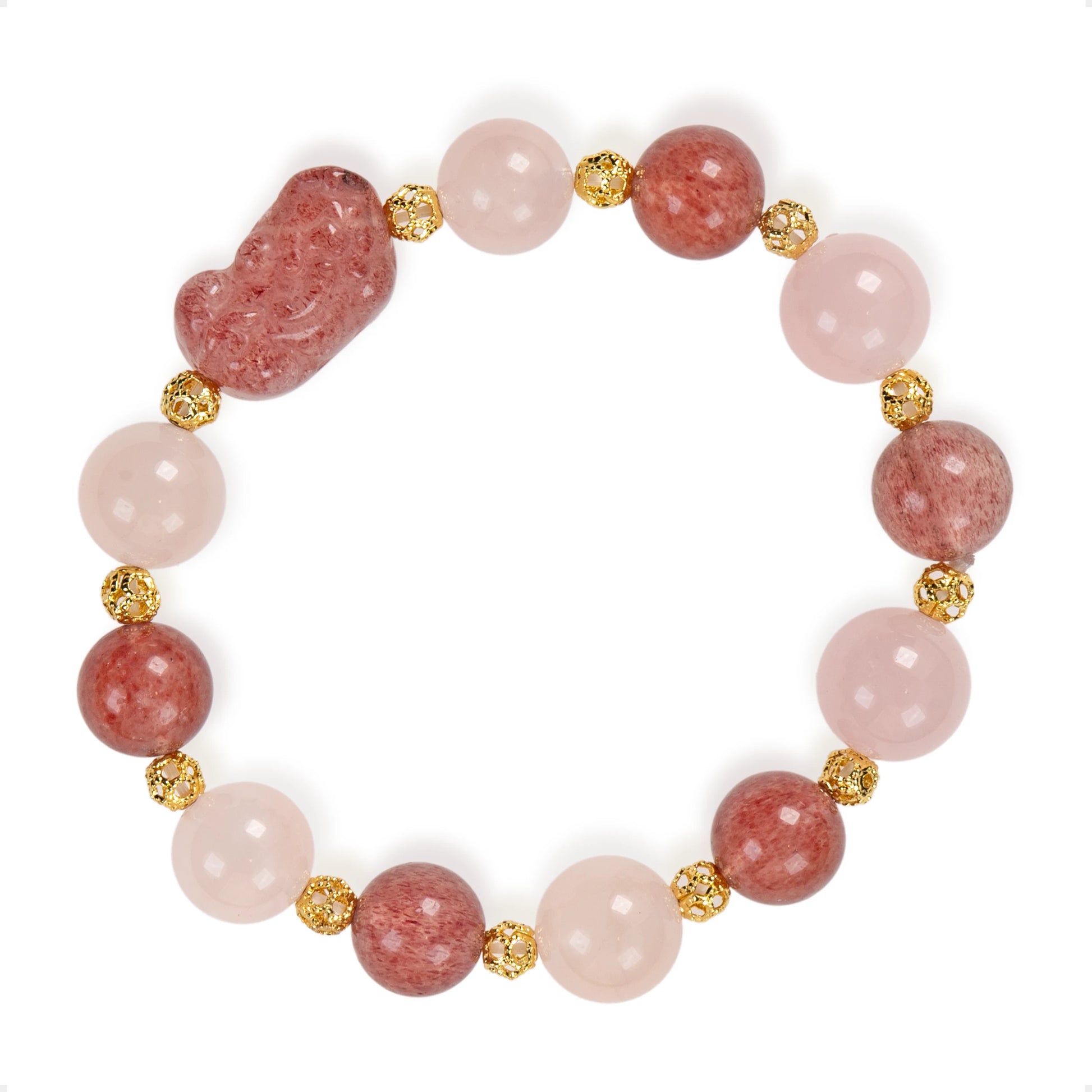 SENLLY Rose Promise - Beaded Stretch Bracelet with Natural Strawberry Quartz, Rose Quartz & Pixiu Carving, Handcrafted Natural Stone Jewelry for Love, Clarity & Emotional Harmony