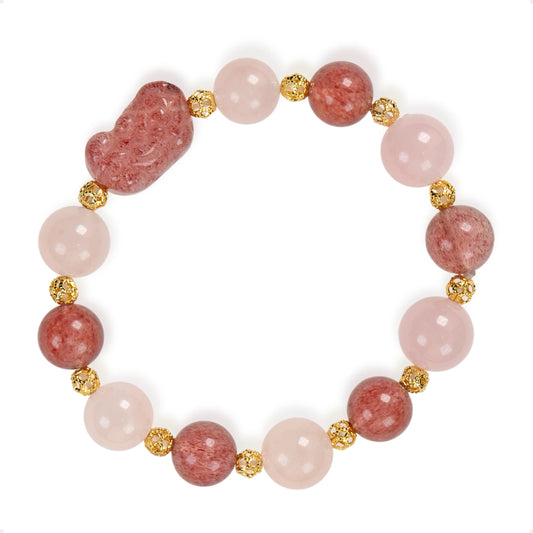 SENLLY Rose Promise - Beaded Stretch Bracelet with Natural Strawberry Quartz, Rose Quartz & Pixiu Carving, Handcrafted Natural Stone Jewelry for Love, Clarity & Emotional Harmony