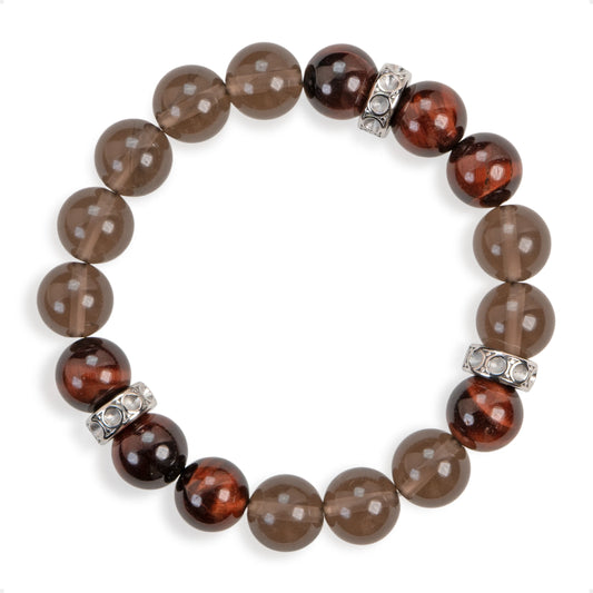 SENLLY Ember Resolve - Natural Red Tiger Eye & Smoky Quartz Beaded Bracelet, Handcrafted Natural Stone Jewelry for Strength, Focus & Grounding