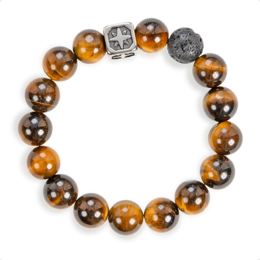 SENLLY Starforge Ember - Beaded Stretch Bracelet with Tiger Eye, Lava Rock & Signature Metal Accent, Handmade Natural Stone Jewelry for Strength, Focus & Grounded Energy