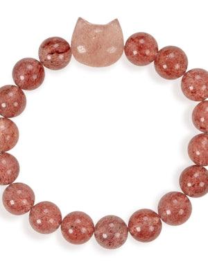 SENLLY Strawberry Whisker - Beaded Stretch Bracelet with Strawberry Quartz & Cat Head Carving, Handmade Natural Stone Jewelry for Joy, Warmth & Emotional Balance