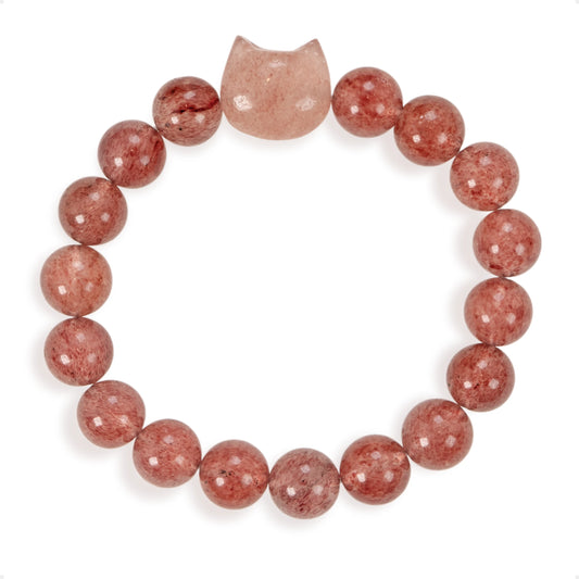 SENLLY Strawberry Whisker - Beaded Stretch Bracelet with Strawberry Quartz & Cat Head Carving, Handmade Natural Stone Jewelry for Joy, Warmth & Emotional Balance