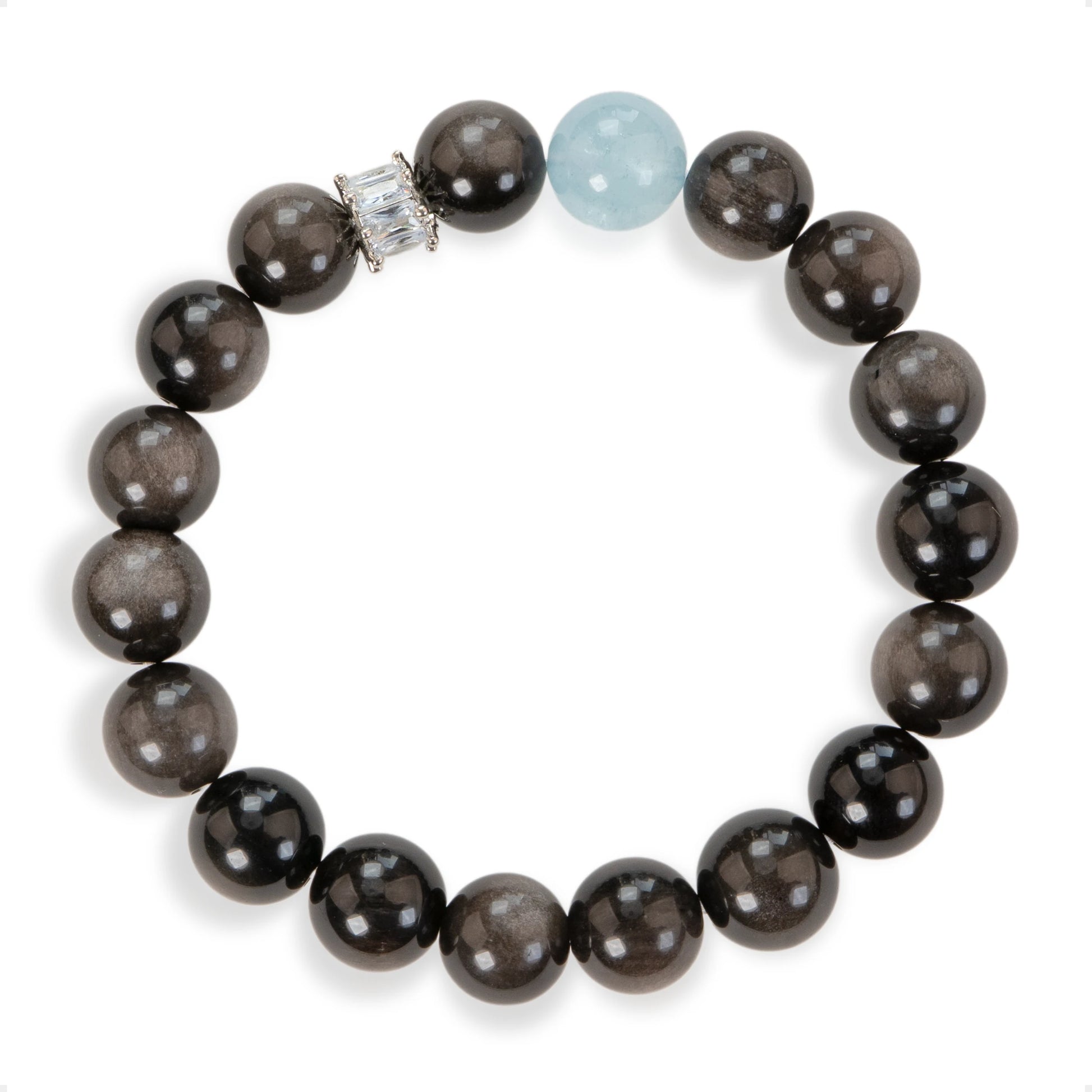 SENLLY Midnight Tide - Beaded Stretch Bracelet with Silver Obsidian & Aquamarine, Handmade Natural Stone Jewelry for Protection, Clarity & Calm Energy
