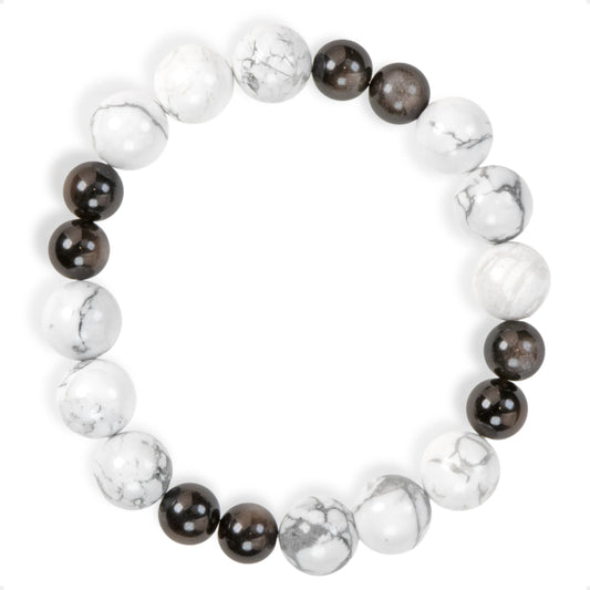SENLLY Frosted Balance - Beaded Stretch Bracelet with Natural Silver Obsidian & Howlite, Handcrafted Natural Stone Jewelry for Calmness & Grounding