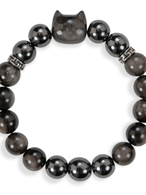 SENLLY Steel Shadow Guardian - Beaded Stretch Bracelet with Silver Obsidian, Hematite & Cat Head Carving, Handmade Natural Stone Jewelry for Protection, Focus & Balance