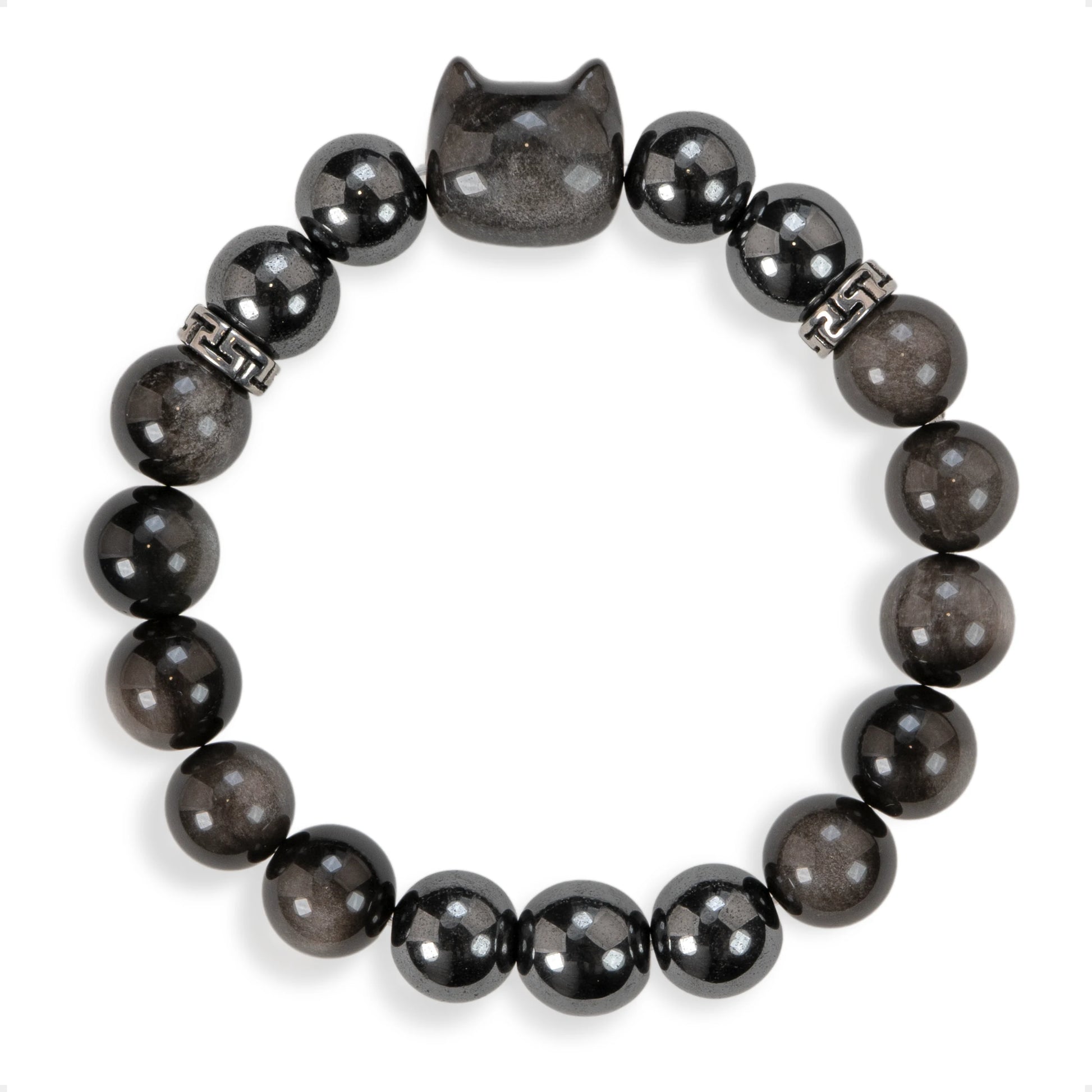 SENLLY Steel Shadow Guardian - Beaded Stretch Bracelet with Silver Obsidian, Hematite & Cat Head Carving, Handmade Natural Stone Jewelry for Protection, Focus & Balance