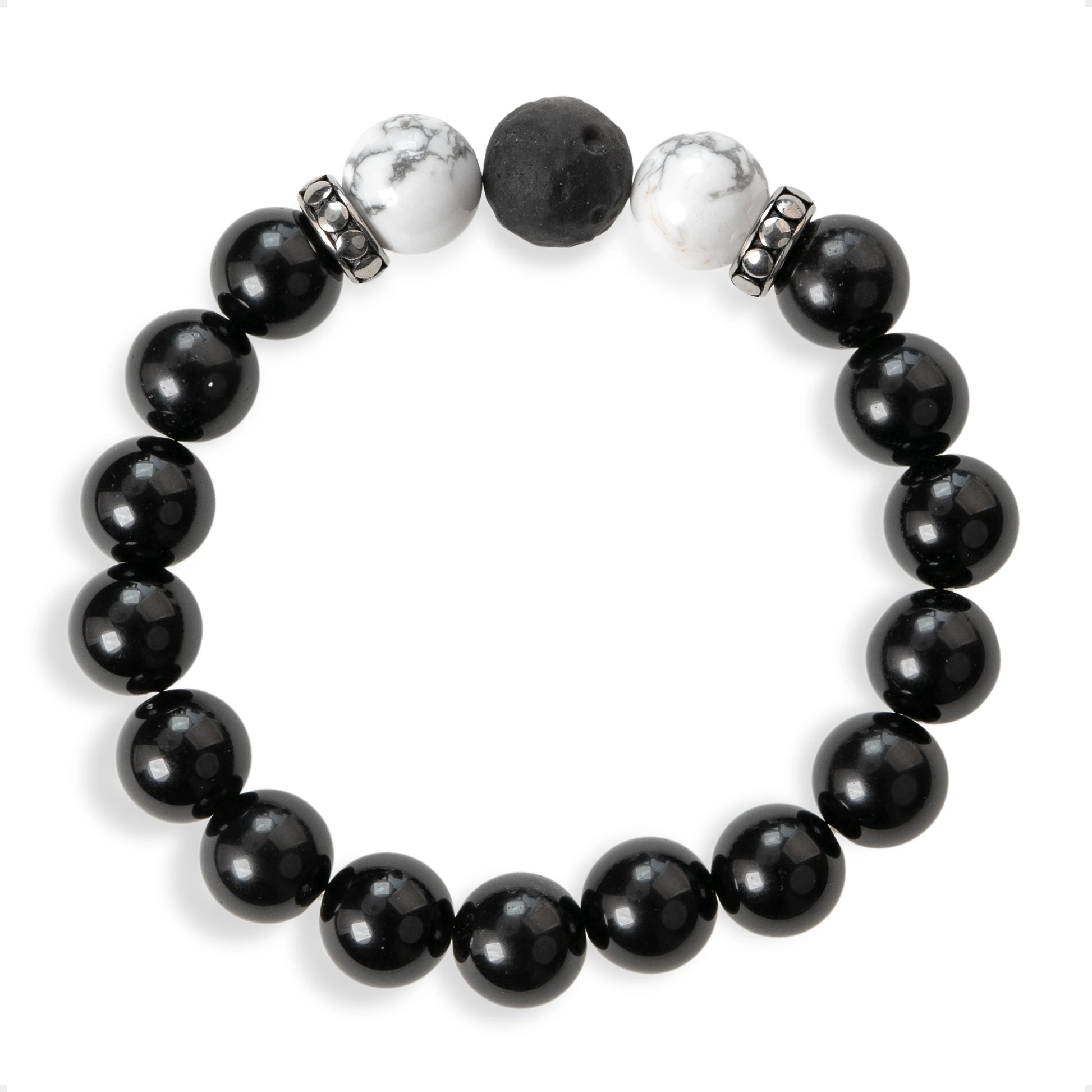 SENLLY Shadow Harmony - Beaded Stretch Bracelet with Black Agate, Howlite & Silver Obsidian, Handcrafted Natural Stone Jewelry for Balance, Clarity & Grounding