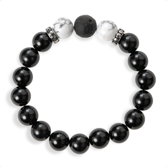 SENLLY Shadow Harmony - Beaded Stretch Bracelet with Black Agate, Howlite & Silver Obsidian, Handcrafted Natural Stone Jewelry for Balance, Clarity & Grounding