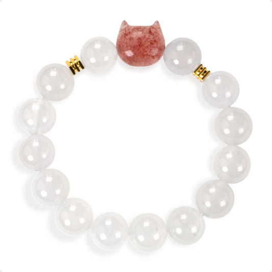 SENLLY Snowberry Cat - Beaded Stretch Bracelet with White Agate & Strawberry Quartz Cat Charm, Handmade Natural Stone Jewelry for Sweetness, Calm & Gentle Energy