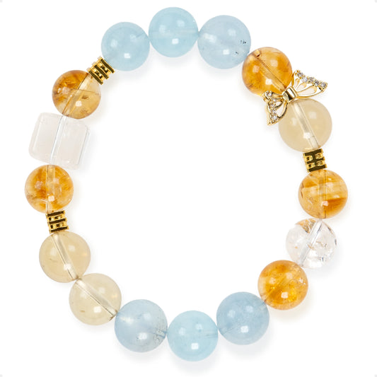 SENLLY Dawn Breeze - Beaded Stretch Bracelet with Aquamarine, Citrine, Lemon Quartz & Azeztulite, Handmade Natural Stone Jewelry for Clarity, Renewal & Balance