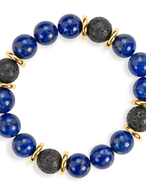 SENLLY Midnight Clarity - Beaded Stretch Bracelet with Lapis Lazuli, Lava Rock & Gold Accents, Handmade Natural Stone Jewelry for Focus, Balance & Grounding