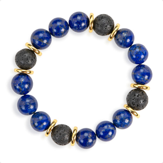 SENLLY Midnight Clarity - Beaded Stretch Bracelet with Lapis Lazuli, Lava Rock & Gold Accents, Handmade Natural Stone Jewelry for Focus, Balance & Grounding
