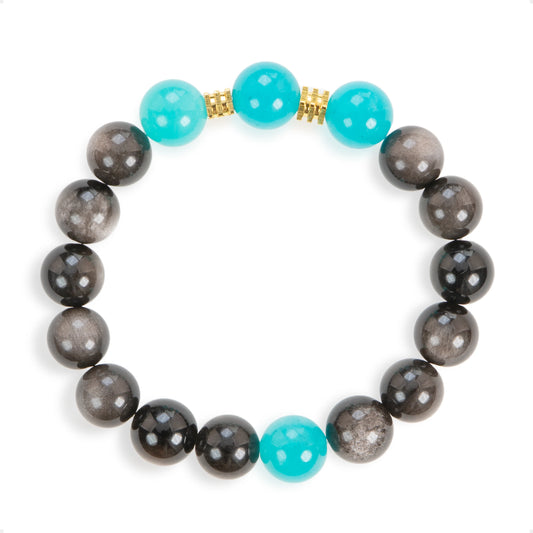 SENLLY Aqua Shadow - Beaded Stretch Bracelet with Amazonite & Silver Obsidian, Handmade Natural Stone Jewelry for Balance, Clarity & Calm