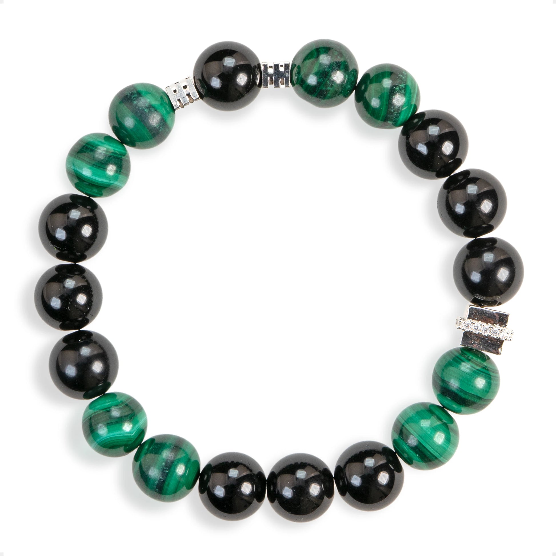 SENLLY Forest Guard - Handmade Malachite & Black Agate Bracelet, Natural Stone Beaded Stretch Jewelry for Strength & Balance