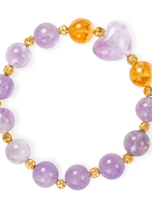 SENLLY Amethyst Heart Glow - Beaded Stretch Bracelet with Amethyst, Citrine & Heart-Shaped Amethyst Charm, Handmade Natural Stone Jewelry for Calm, Balance & Gentle Warmth