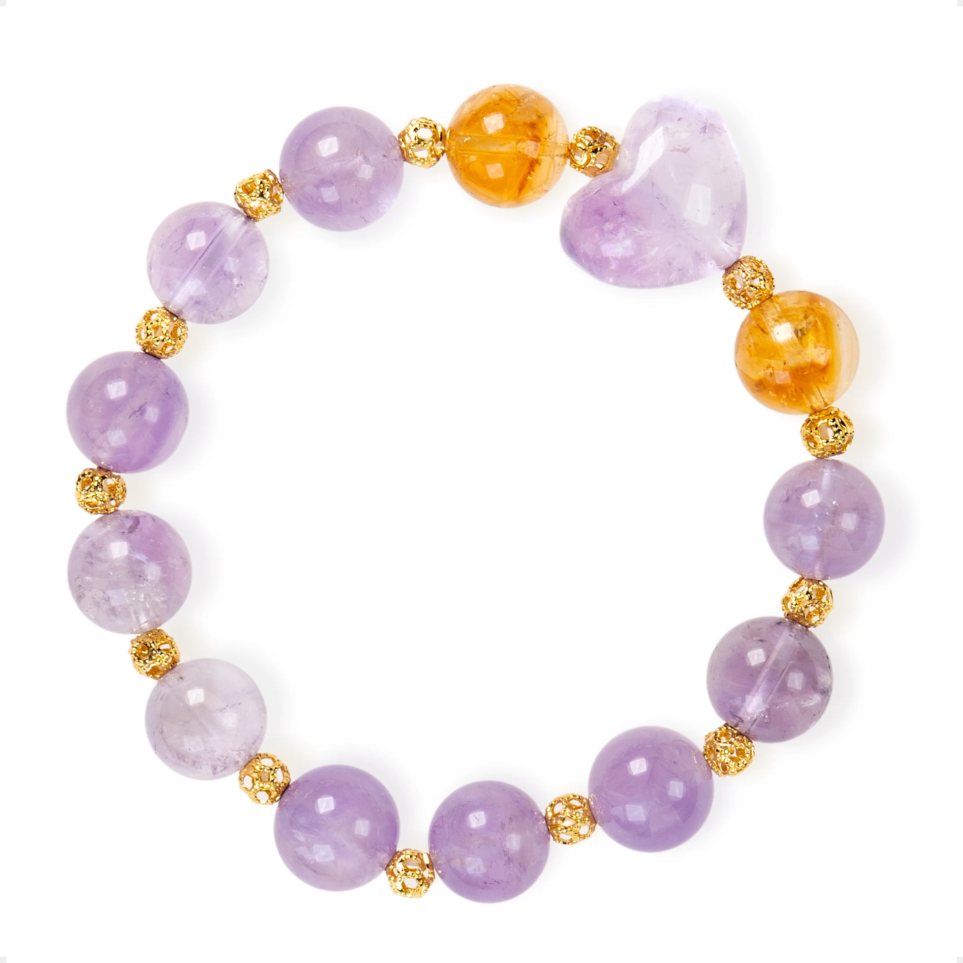 SENLLY Amethyst Heart Glow - Beaded Stretch Bracelet with Amethyst, Citrine & Heart-Shaped Amethyst Charm, Handmade Natural Stone Jewelry for Calm, Balance & Gentle Warmth