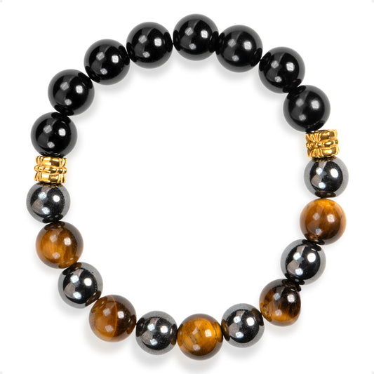 SENLLY Ironclad Focus - Beaded Stretch Bracelet with Natural Black Agate, Tiger Eye & Hematite, Handcrafted Natural Stone Jewelry for Strength, Protection & Clarity