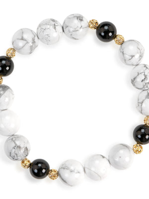 SENLLY Marble Clarity - Beaded Stretch Bracelet with Natural Howlite & Black Agate, Handcrafted Natural Stone Jewelry for Balance, Focus & Calm