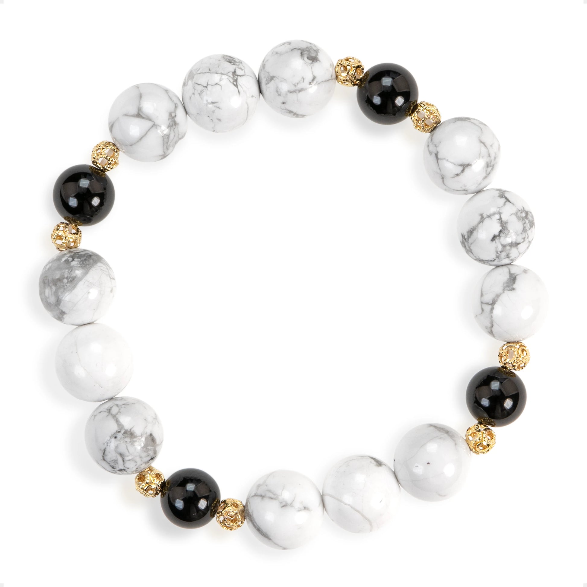 SENLLY Marble Clarity - Beaded Stretch Bracelet with Natural Howlite & Black Agate, Handcrafted Natural Stone Jewelry for Balance, Focus & Calm