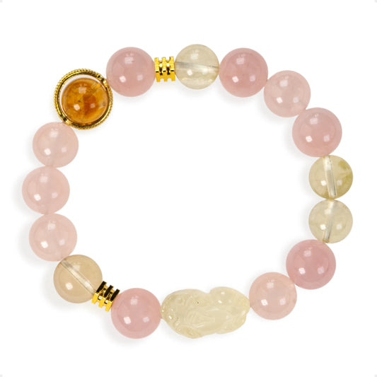 SENLLY Blossom Fortune - Beaded Stretch Bracelet with Rose Quartz, Lemon Quartz & Pixiu Citrine, Handmade Natural Stone Jewelry for Luck, Harmony & Positive Energy