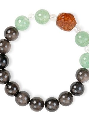 SENLLY Forest Shadow Harmony - Beaded Bracelet with Natural Green Strawberry Quartz, Silver Obsidian & Clear Quartz, Handcrafted Natural Stone Jewelry Featuring a Black Gold Super Seven Centerpiece