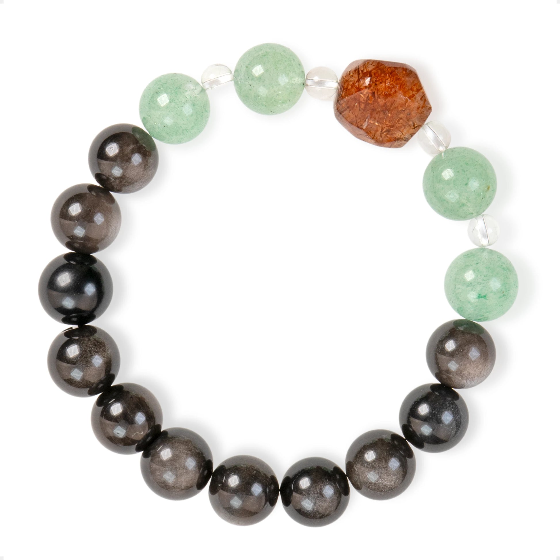 SENLLY Forest Shadow Harmony - Beaded Bracelet with Natural Green Strawberry Quartz, Silver Obsidian & Clear Quartz, Handcrafted Natural Stone Jewelry Featuring a Black Gold Super Seven Centerpiece