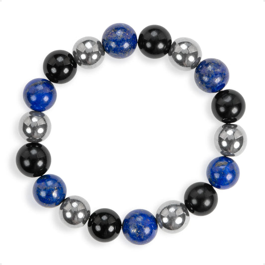SENLLY Midnight Balance - Beaded Stretch Bracelet with Lapis Lazuli, Black Agate & Hematite, Handcrafted Natural Stone Jewelry for Calm, Clarity & Grounding