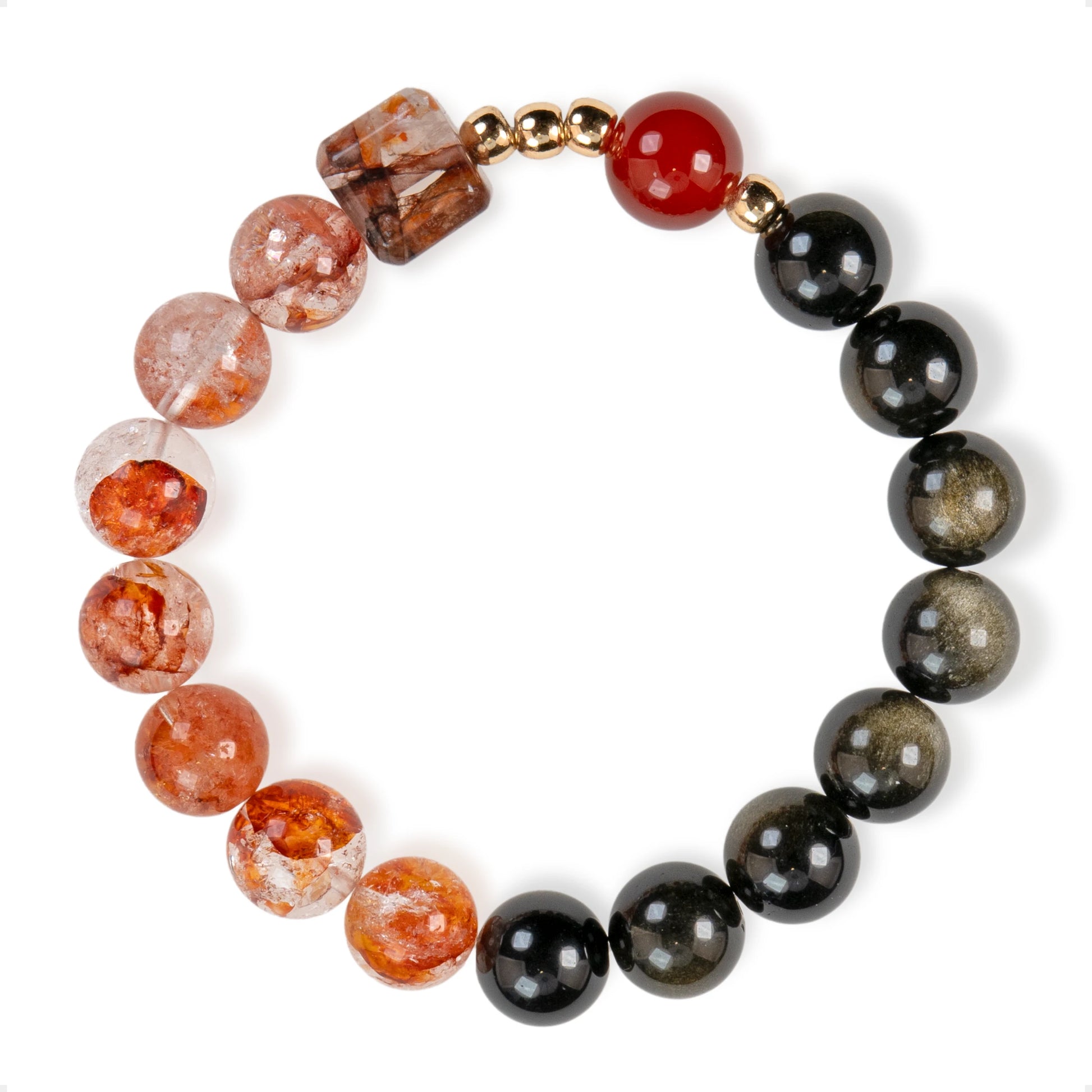 SENLLY Ember Force - Beaded Stretch Bracelet with Natural Red Hematoid Quartz, Red Agate & Gold Obsidian, Handcrafted Natural Stone Jewelry for Strength, Protection & Emotional Balance