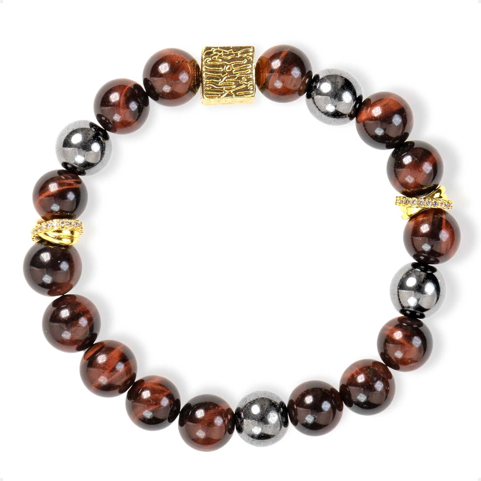 SENLLY Ember Square - Handmade Red Tiger Eye & Natural Hematite Bracelet with Gold Square Accent, Natural Stone Beaded Stretch Jewelry