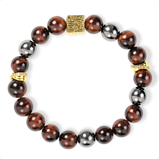 SENLLY Ember Square - Handmade Red Tiger Eye & Natural Hematite Bracelet with Gold Square Accent, Natural Stone Beaded Stretch Jewelry