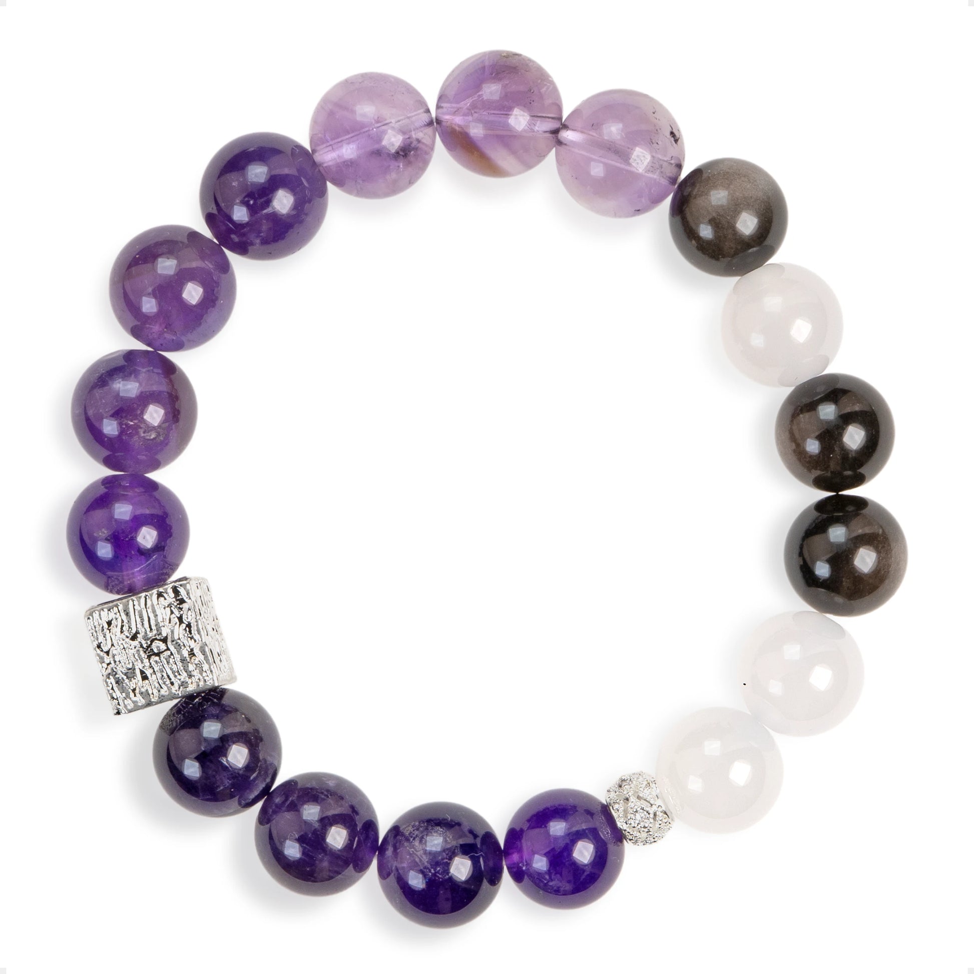 SENLLY Violet Axis - Beaded Stretch Bracelet with Natural Amethyst, Lavender Amethyst & Silver Obsidian, Handcrafted Natural Stone Jewelry for Calm, Clarity & Inner Balance