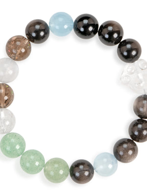 SENLLY Misty Coast - Beaded Stretch Bracelet with Natural Clear Quartz, Smoky Quartz, Aquamarine, Green Strawberry Quartz & Silver Obsidian, Handcrafted Natural Stone Jewelry for Clarity, Calm & Emotional Balance