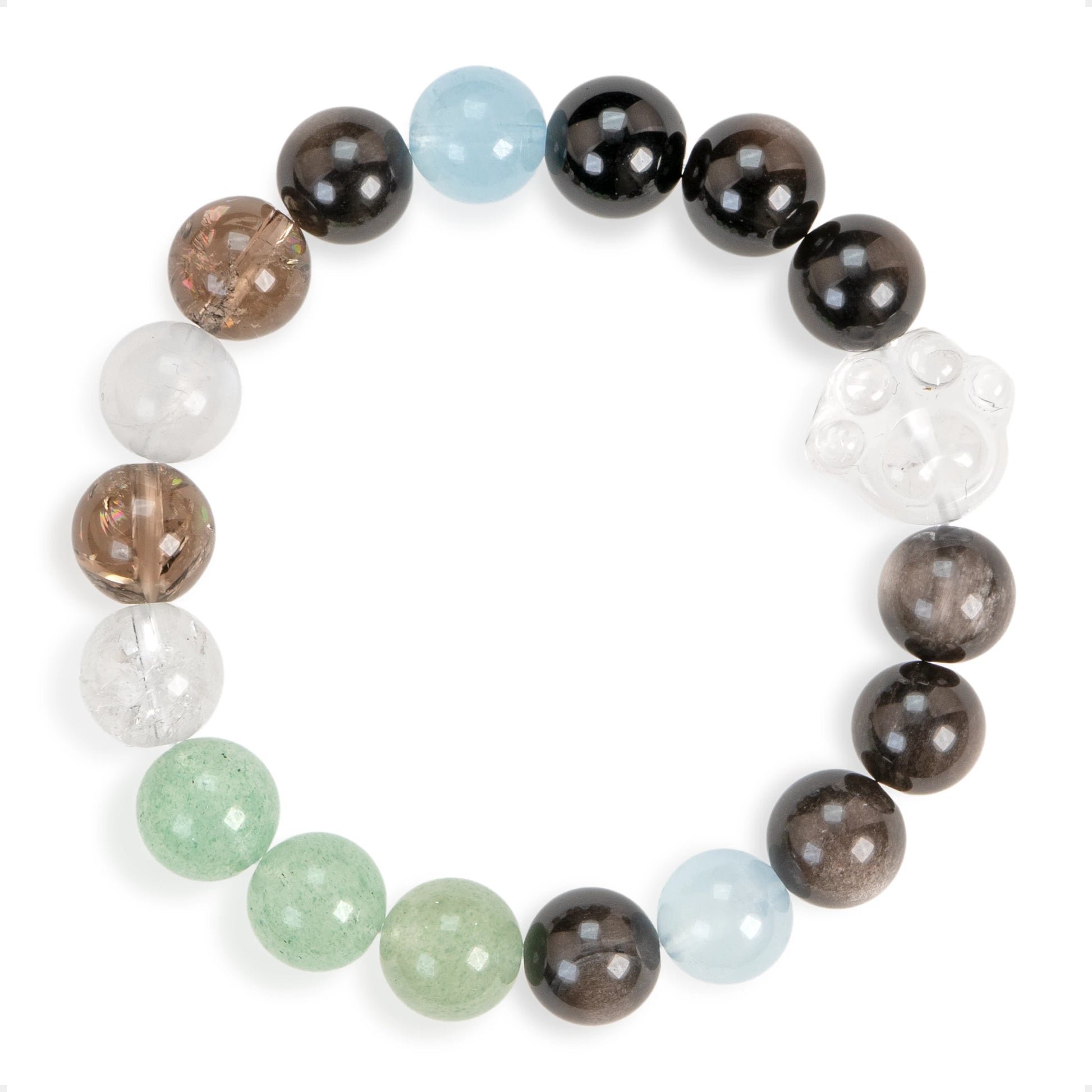 SENLLY Misty Coast - Beaded Stretch Bracelet with Natural Clear Quartz, Smoky Quartz, Aquamarine, Green Strawberry Quartz & Silver Obsidian, Handcrafted Natural Stone Jewelry for Clarity, Calm & Emotional Balance