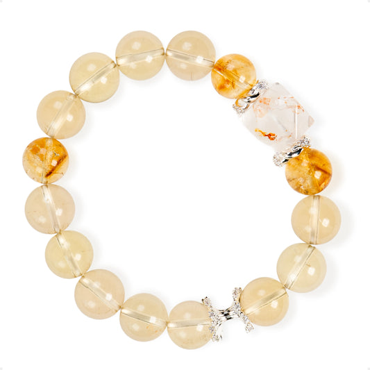 SENLLY Golden Aura - Citrine, Lemon Quartz & Black Gold Super Seven Bracelet, Handcrafted Natural Stone Jewelry with Radiant Warm Tones