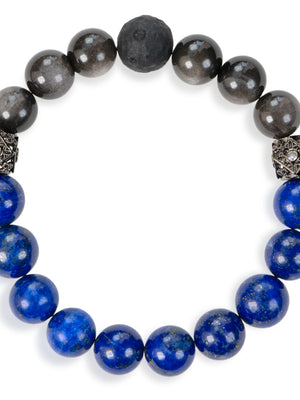 SENLLY Midnight Realm - Beaded Stretch Bracelet with Lapis Lazuli & Silver Obsidian, Handmade Natural Stone Jewelry for Clarity, Balance & Focus