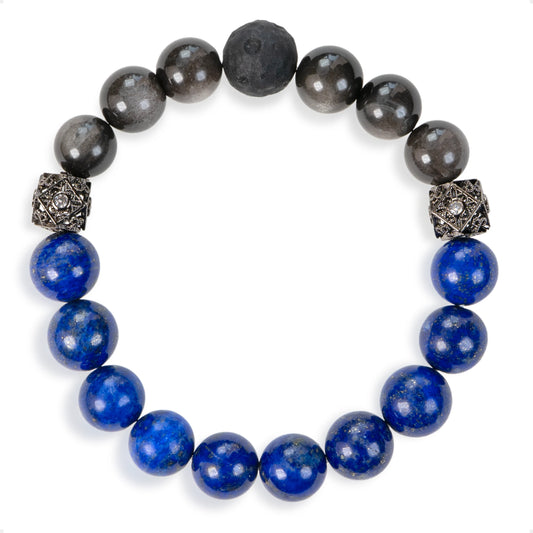 SENLLY Midnight Realm - Beaded Stretch Bracelet with Lapis Lazuli & Silver Obsidian, Handmade Natural Stone Jewelry for Clarity, Balance & Focus