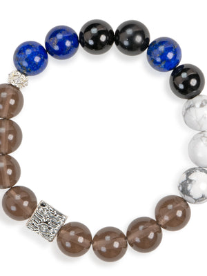 SENLLY Midnight Axis - Beaded Stretch Bracelet with Natural Lapis Lazuli, Black Agate & Smoky Quartz, Handcrafted Natural Stone Jewelry for Focus, Stability & Grounding