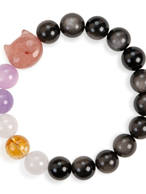 SENLLY Mystic Paws - Beaded Stretch Bracelet with Natural Silver Obsidian, Strawberry Quartz & Kunzite, Handcrafted Natural Stone Jewelry for Calm, Balance & Emotional Clarity