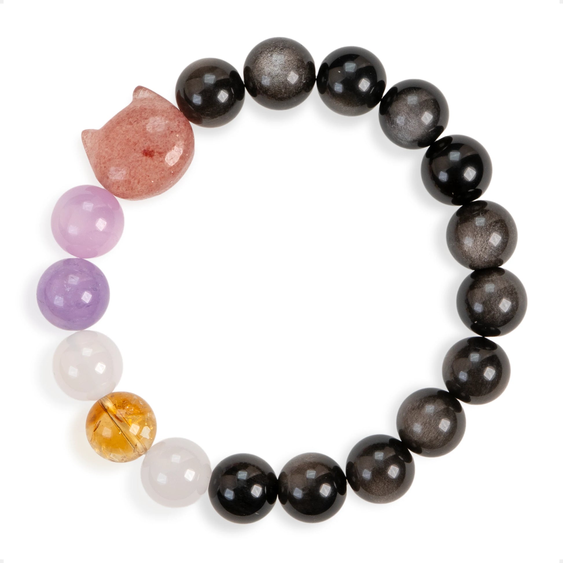 SENLLY Mystic Paws - Beaded Stretch Bracelet with Natural Silver Obsidian, Strawberry Quartz & Kunzite, Handcrafted Natural Stone Jewelry for Calm, Balance & Emotional Clarity