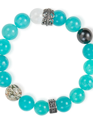 SENLLY Aqua Haven - Beaded Stretch Bracelet with Natural Amazonite, White Agate & Black Herkimer Diamond, Handcrafted Natural Stone Jewelry for Clarity, Balance & Refreshing Style