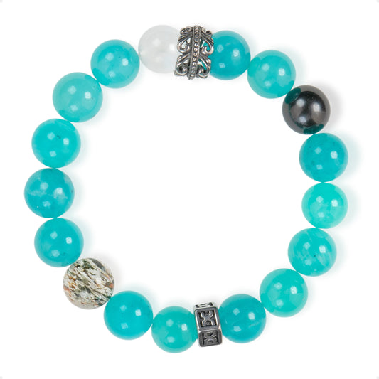 SENLLY Aqua Haven - Beaded Stretch Bracelet with Natural Amazonite, White Agate & Black Herkimer Diamond, Handcrafted Natural Stone Jewelry for Clarity, Balance & Refreshing Style