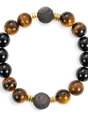 SENLLY Earthbound Focus - Beaded Stretch Bracelet with Tiger Eye, Black Agate & Silver Obsidian, Handmade Natural Stone Jewelry for Confidence, Balance & Clarity
