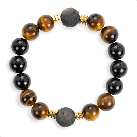 SENLLY Earthbound Focus - Beaded Stretch Bracelet with Tiger Eye, Black Agate & Silver Obsidian, Handmade Natural Stone Jewelry for Confidence, Balance & Clarity