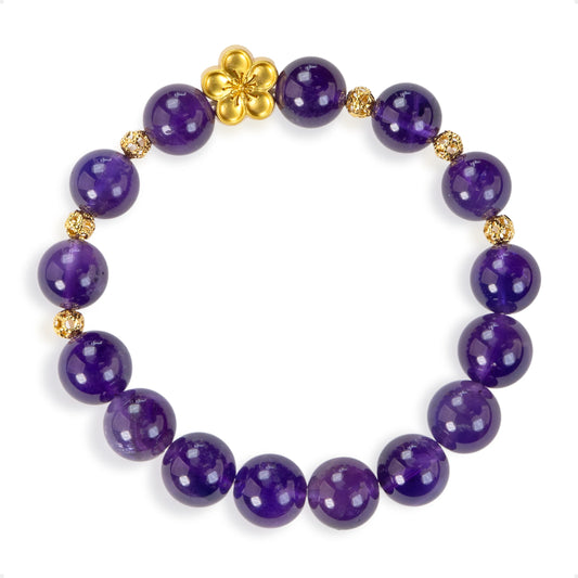 SENLLY Violet Blossom - Beaded Stretch Bracelet with Amethyst & Gold Floral Accent, Handmade Natural Stone Jewelry for Calm, Balance & Elegance