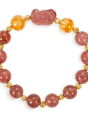 SENLLY Strawberry Fortune - Beaded Stretch Bracelet with Strawberry Quartz, Citrine & Pixiu Charm, Handmade Natural Stone Jewelry for Luck, Warmth & Emotional Balance