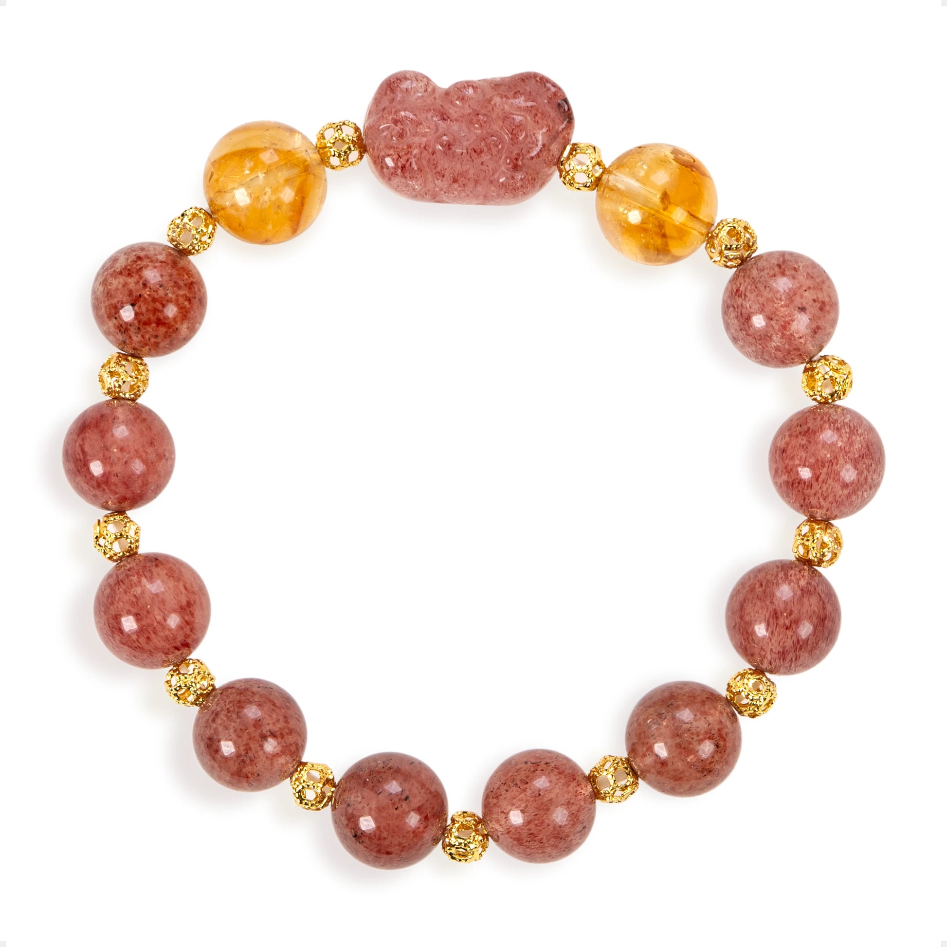 SENLLY Strawberry Fortune - Beaded Stretch Bracelet with Strawberry Quartz, Citrine & Pixiu Charm, Handmade Natural Stone Jewelry for Luck, Warmth & Emotional Balance